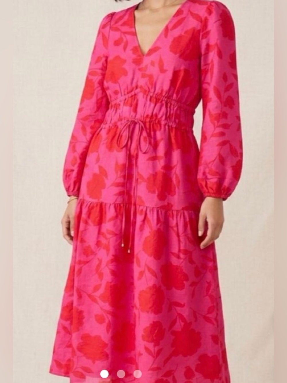 kate spade Pink and Red Floral V-Neck Drawstring Midi Dress